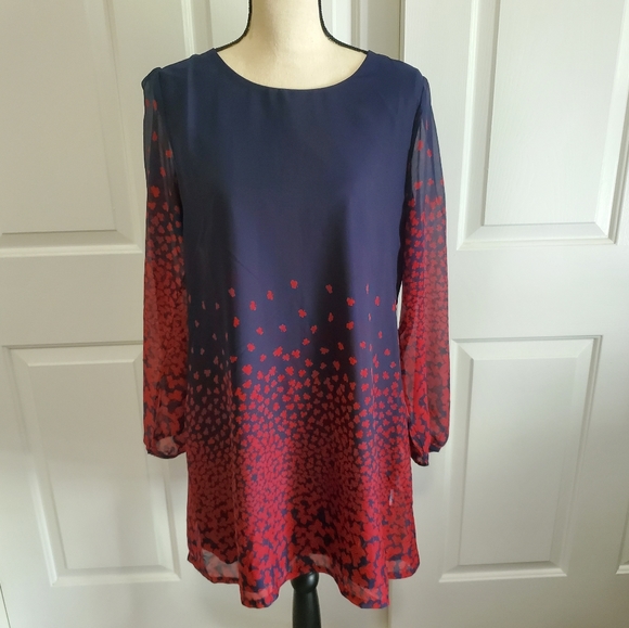 Yumi Long Sleeve Shift Dress in Leaf Border Print Navy Red - Picture 5 of 11